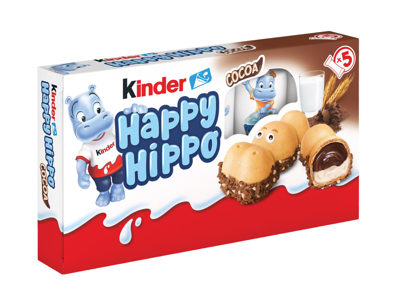 Kinder Happy Hippo kakaós kekszek, egy dobozban 5 darab, tejjel és búzával.