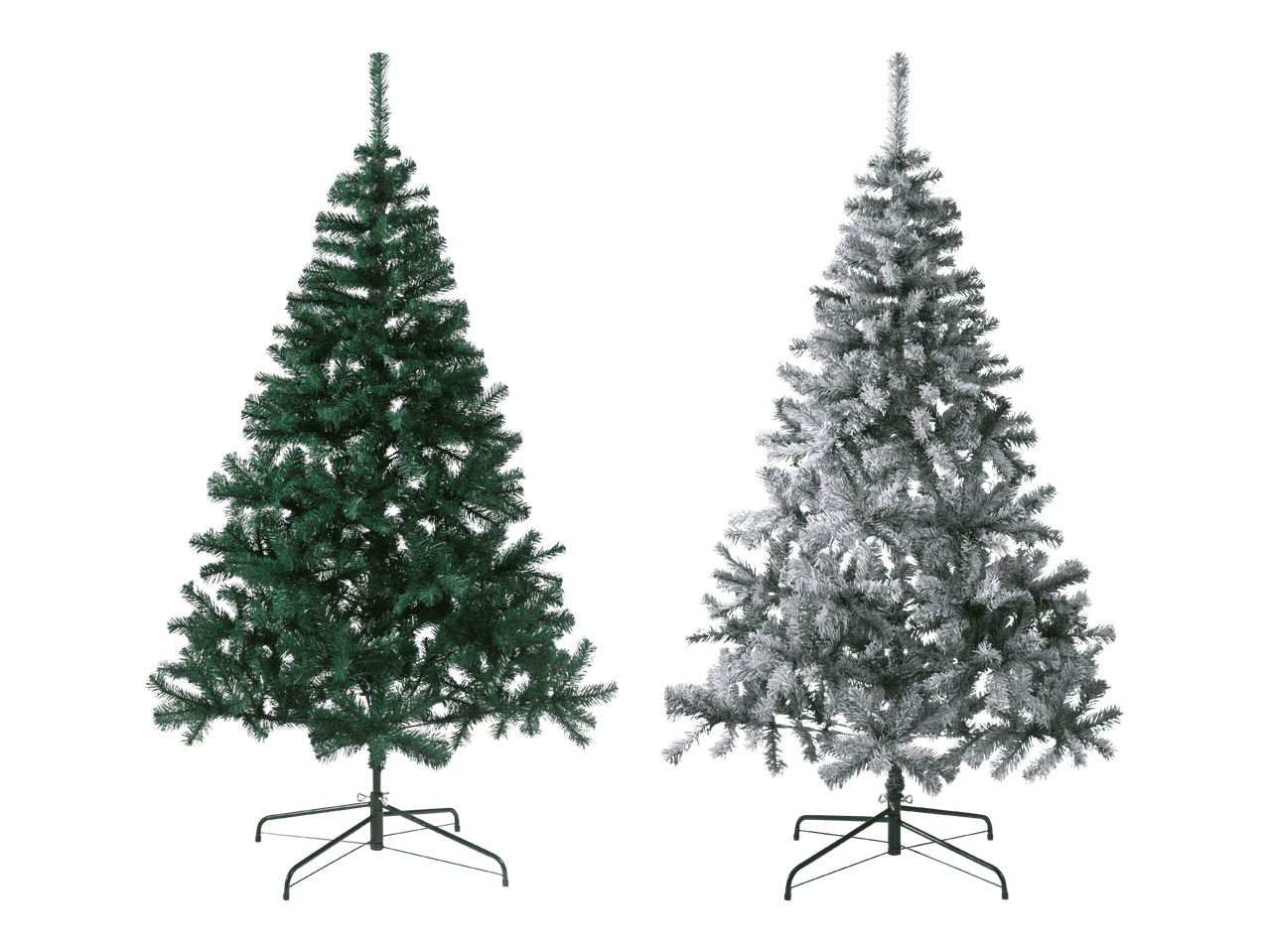 Kaksi joulukuusta, toinen vihreä ja toinen lumipeitteinen, mustalla taustalla.