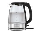Glass electric kettle with water level markings and a black handle