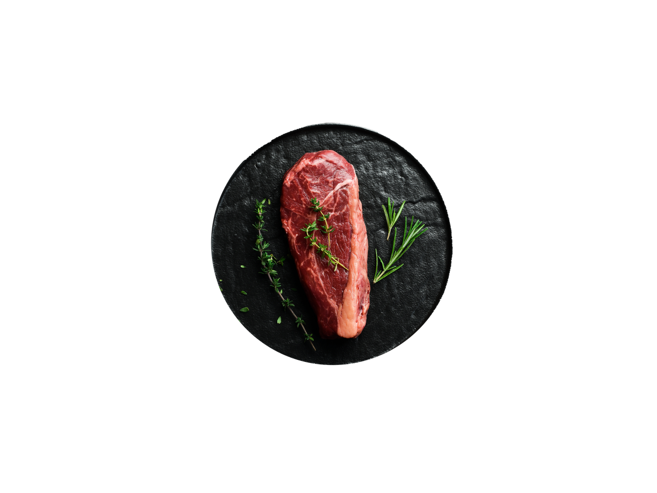 Toores veiselihasteik rosmariini ja tüümianiga mustal taldrikul.