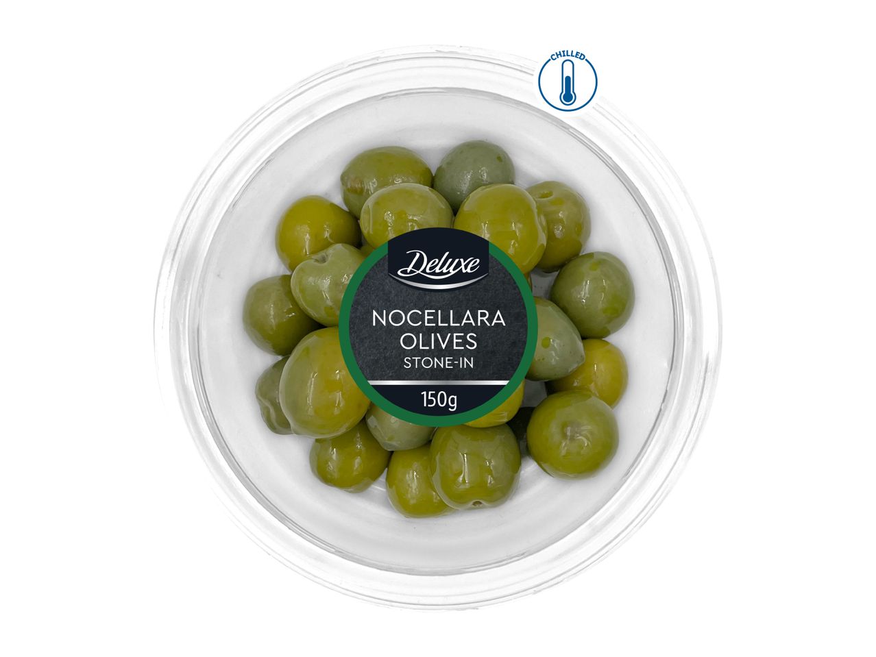 A clear plastic container filled with green Nocellara olives, stone-in, 150g, chilled.