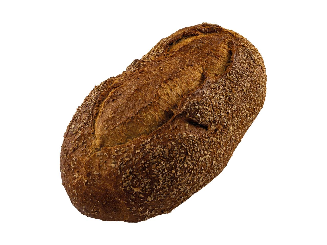 A rustic, oval-shaped loaf of dark bread, generously coated with seeds and grains.