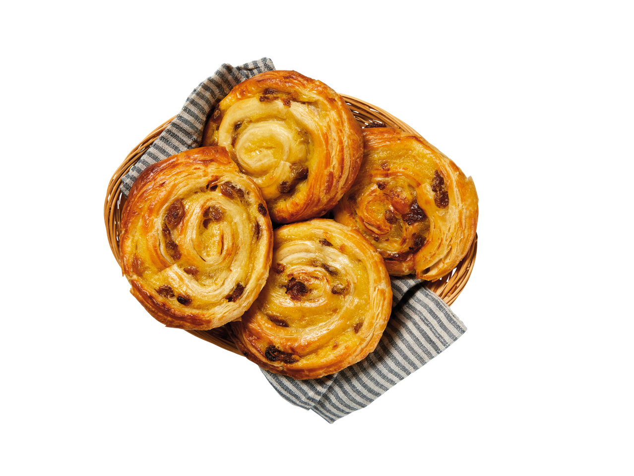 Drie rozijnenbroodjes in een mandje.