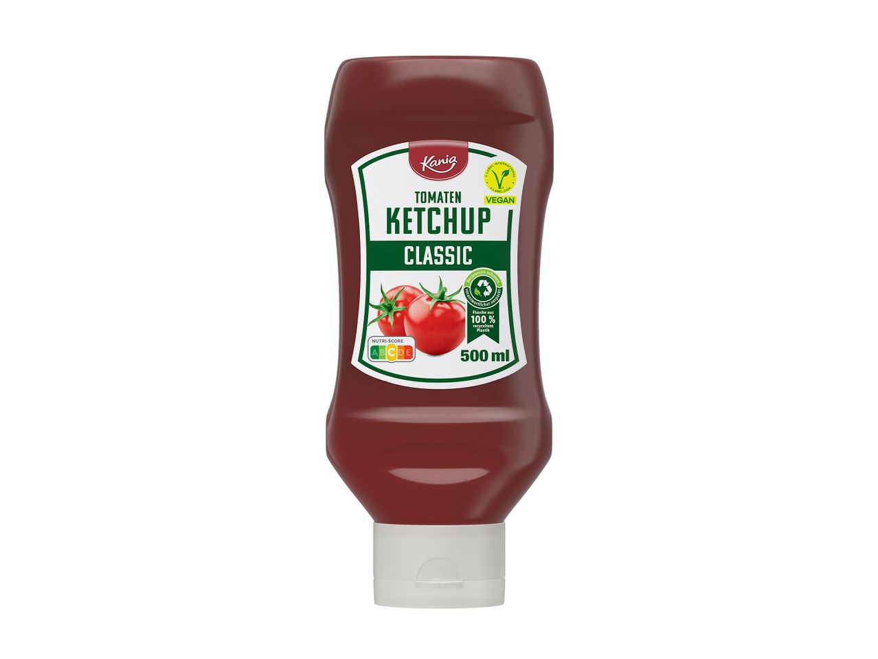 Ketchupflasche mit der Aufschrift „Tomaten Ketchup Classic“, veganem Siegel und Nutri-Score A.