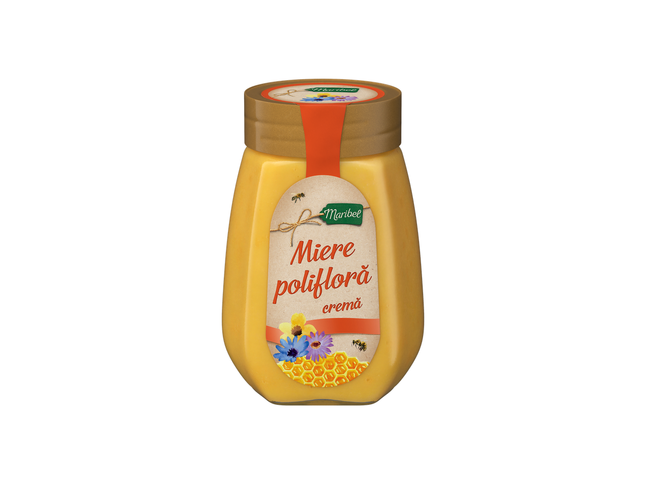 Miere polifloră cremă Maribel într-un borcan transparent cu etichetă decorativă.