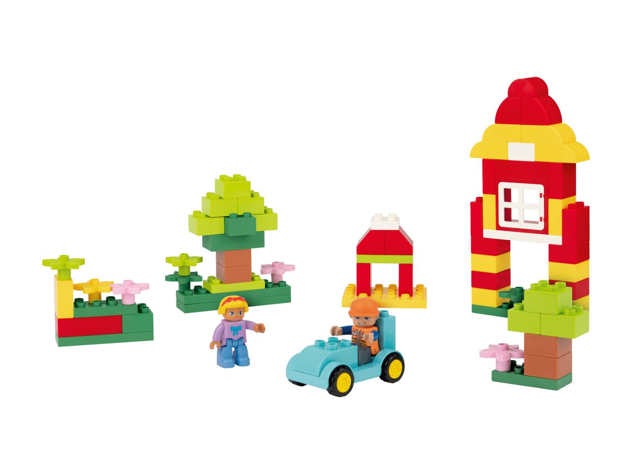 Colorful building blocks set with figures, vehicles, and structures.