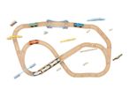 Wooden toy train set with tracks, bridges, and trains, floating against a white background.