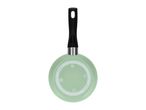 Light green frying pan with a black handle, viewed from the bottom.