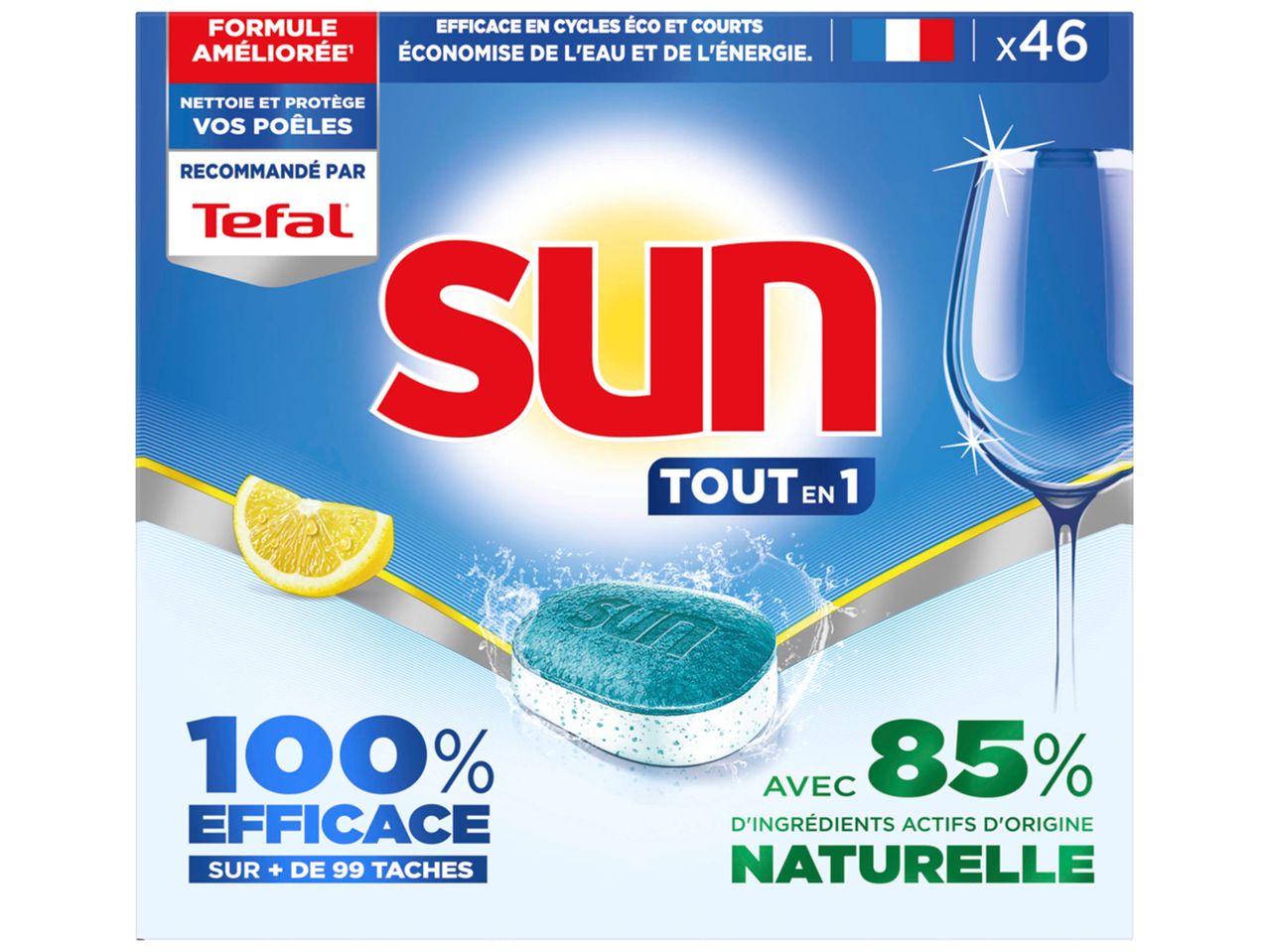 Boîte de 46 pastilles lave-vaisselle Sun, formule améliorée, recommandée par Tefal.