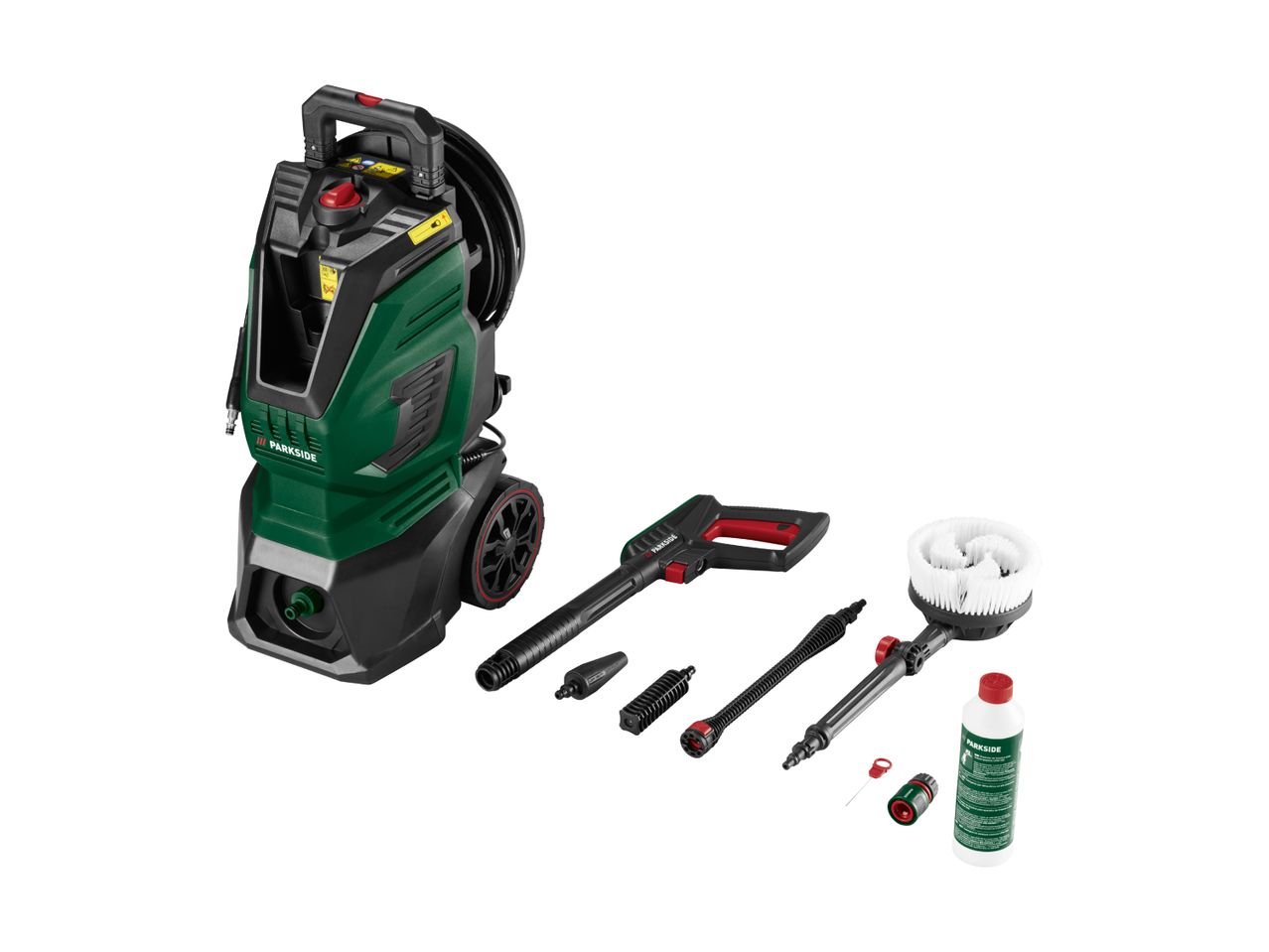 High-pressure cleaner with various nozzles, brushes, and cleaning solution.