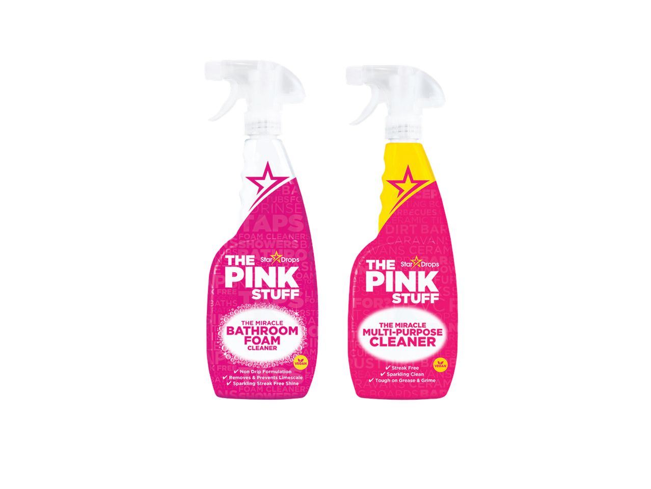 Dve boce The Pink Stuff sredstava za čišćenje: jedno za kupatilo, drugo višenamensko.