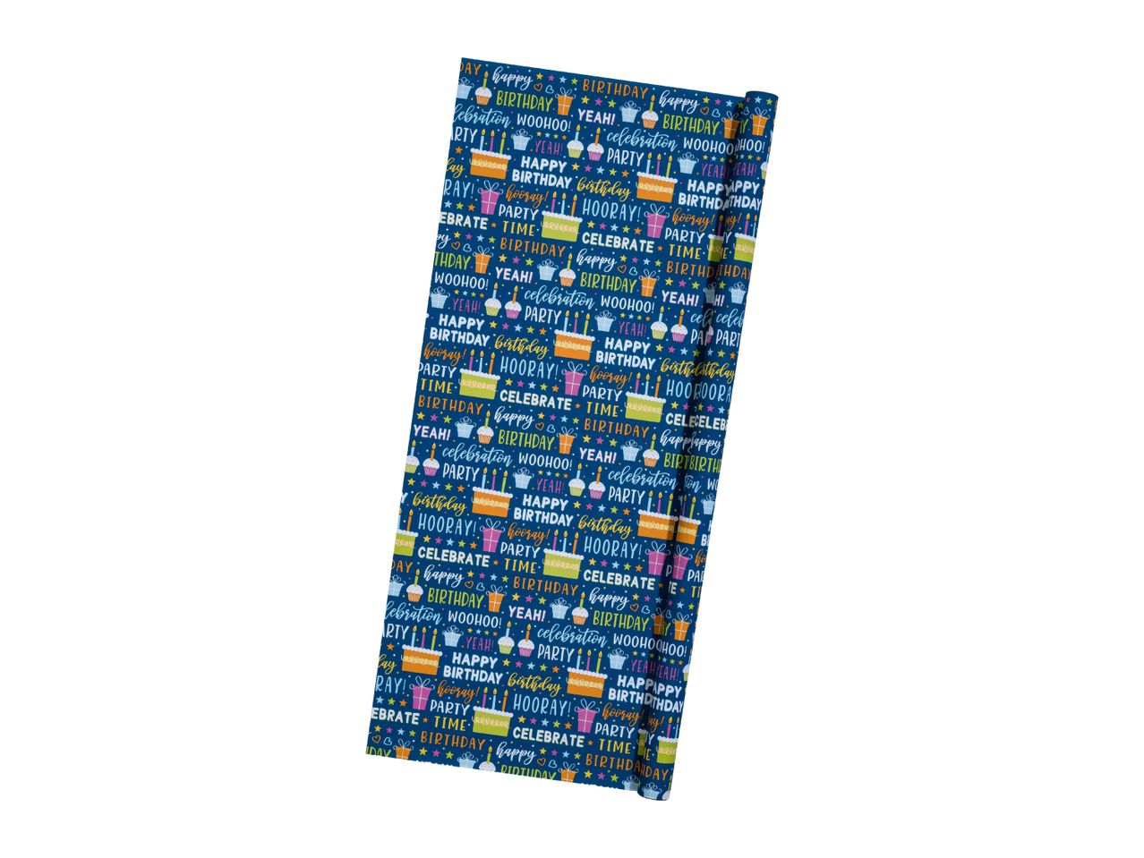 Birthday wrapping paper roll with a colorful, celebratory design.