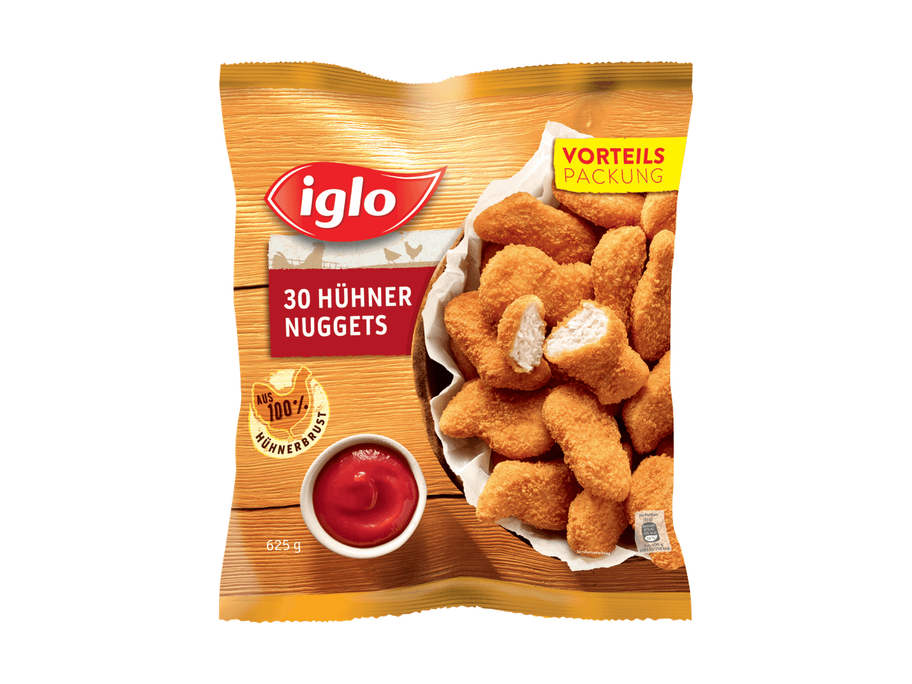 Iglo Hühner-Nuggets Vorteilspackung mit Ketchup.