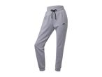 Grey women's sweatpants with a black drawstring and a small black logo on the left thigh.