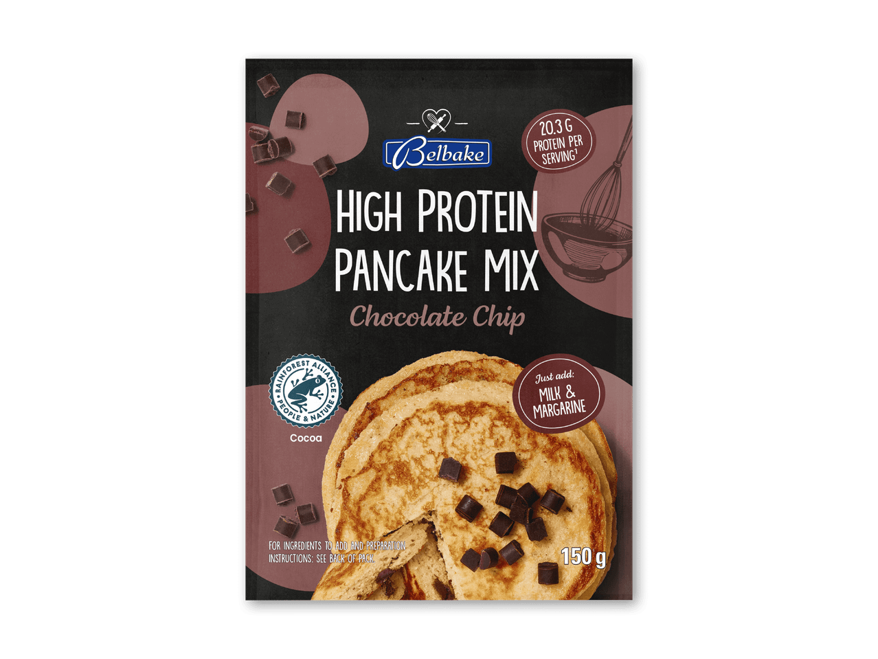 Højprotein pandekagemix med chokoladestykker, 150 g, med 20,3 g protein pr. portion.