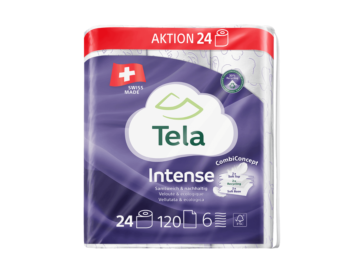 Packung mit 24 Rollen Tela Intense Toilettenpapier, samtweich und nachhaltig, mit 30% Recyclinganteil.