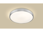 Candeeiro de teto LED redondo Livarno para casa de banho com moldura de metal escovado e difusor branco.