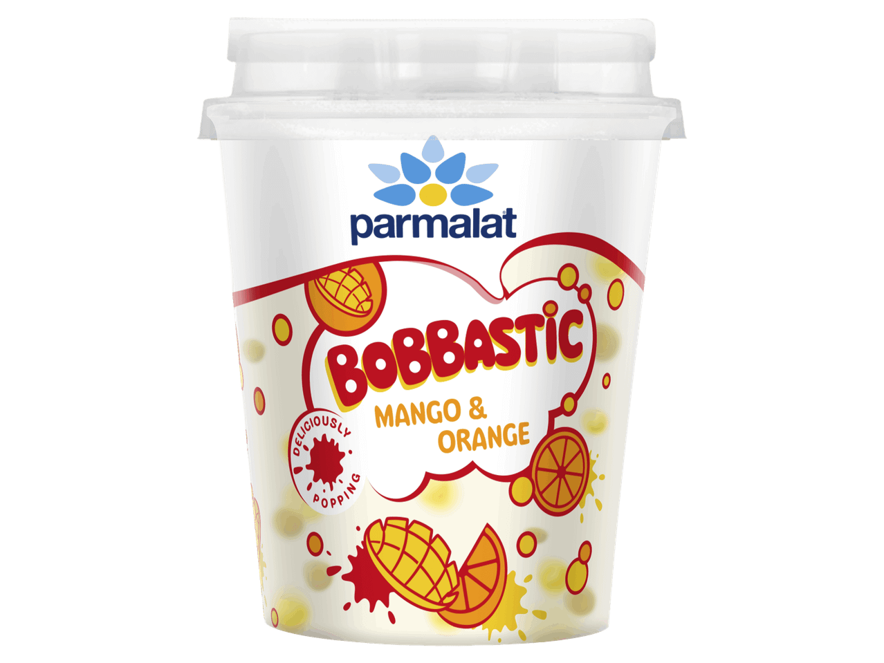 Mangó és narancs ízű joghurt pattogó golyókkal, műanyag pohárban.