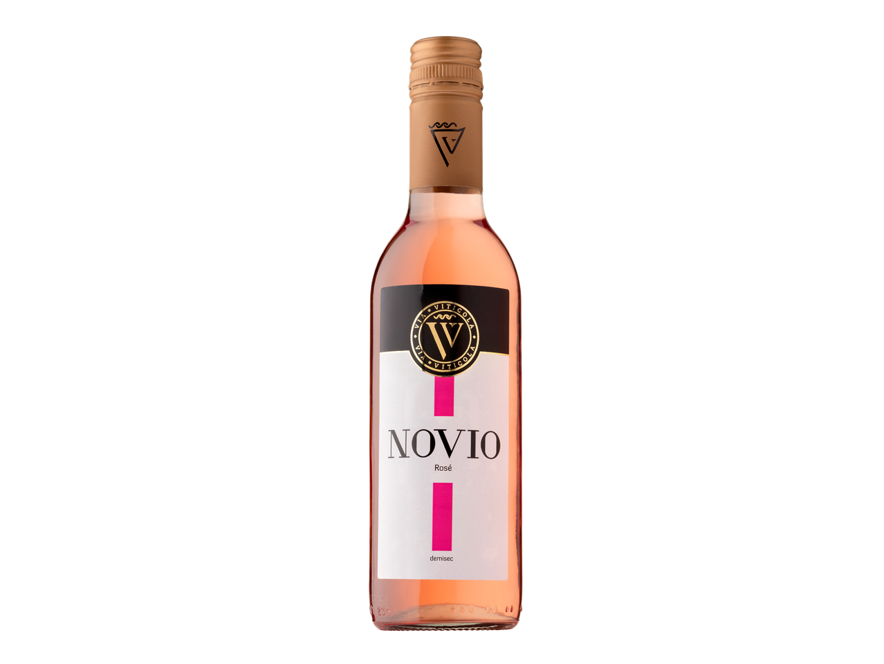 O sticlă de vin rosé Novio cu etichetă neagră și roz pe un fundal negru.