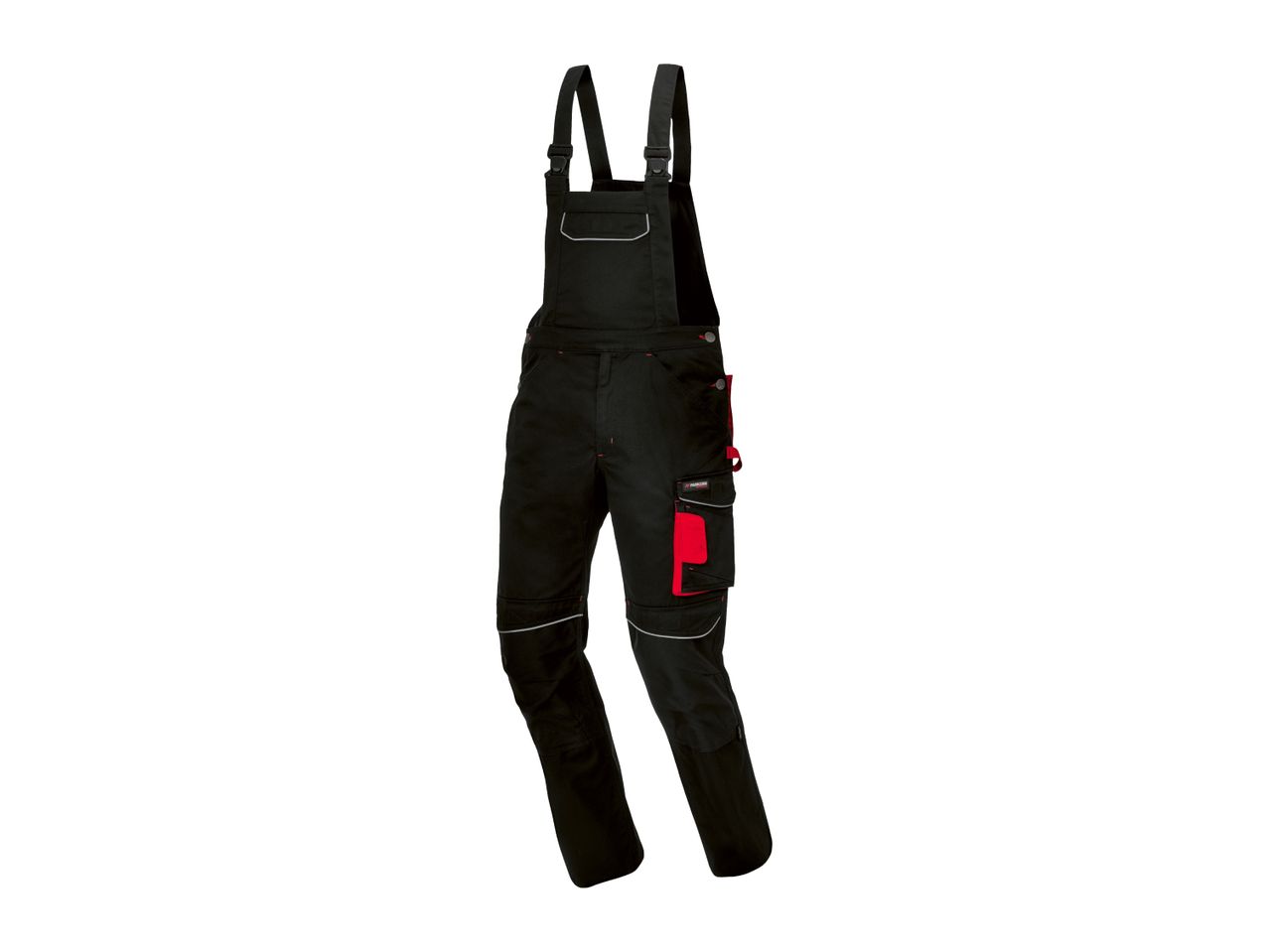 Black and red work overalls with reflective accents and multiple pockets