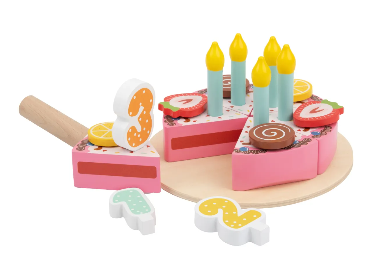 Wooden toy birthday cake with candles, fruit toppings, and number pieces.