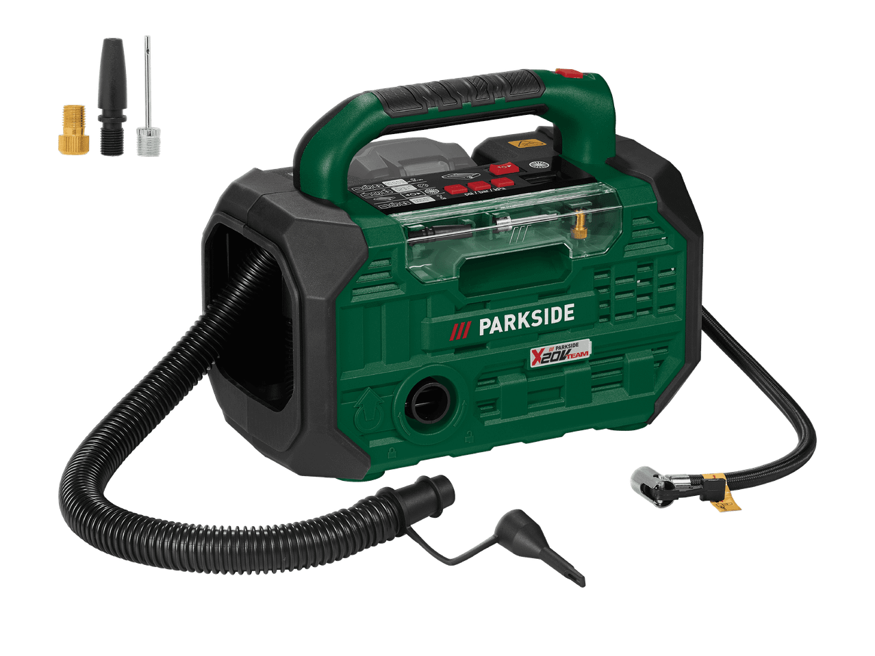 Vihreä ja musta kompressori, jossa on letkut ja erilaisia suuttimia