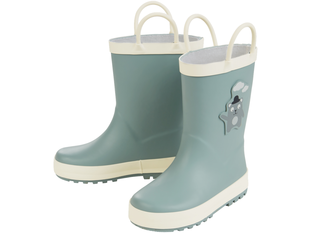 Divi gaiši zili bērnu gumijas zābaki ar lāča un mākoņu rotājumiem.