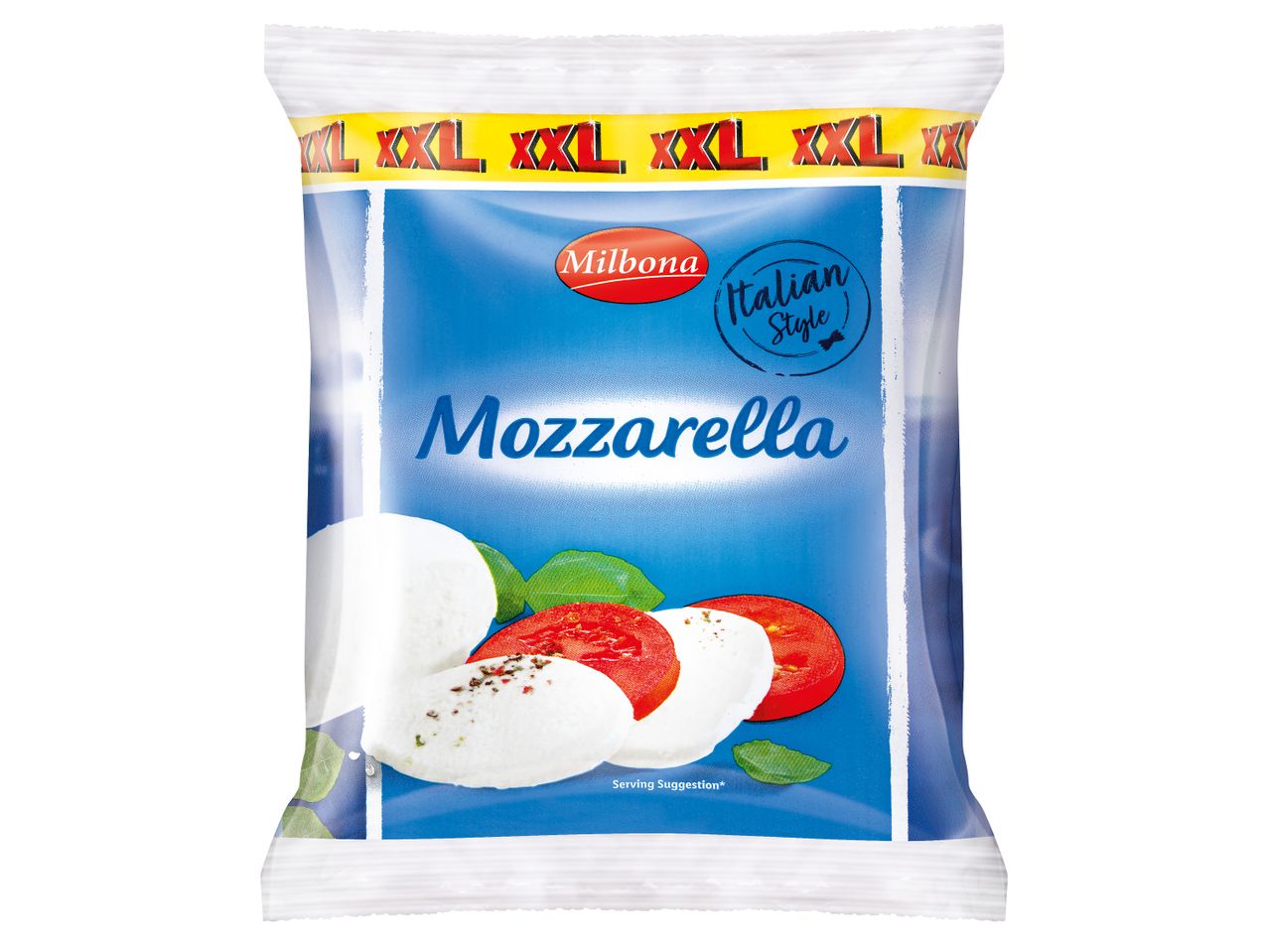 Опаковка моцарела Milbona в италиански стил с надпис XXL.