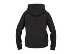 Back view of a plain black hoodie with a hood and long sleeves