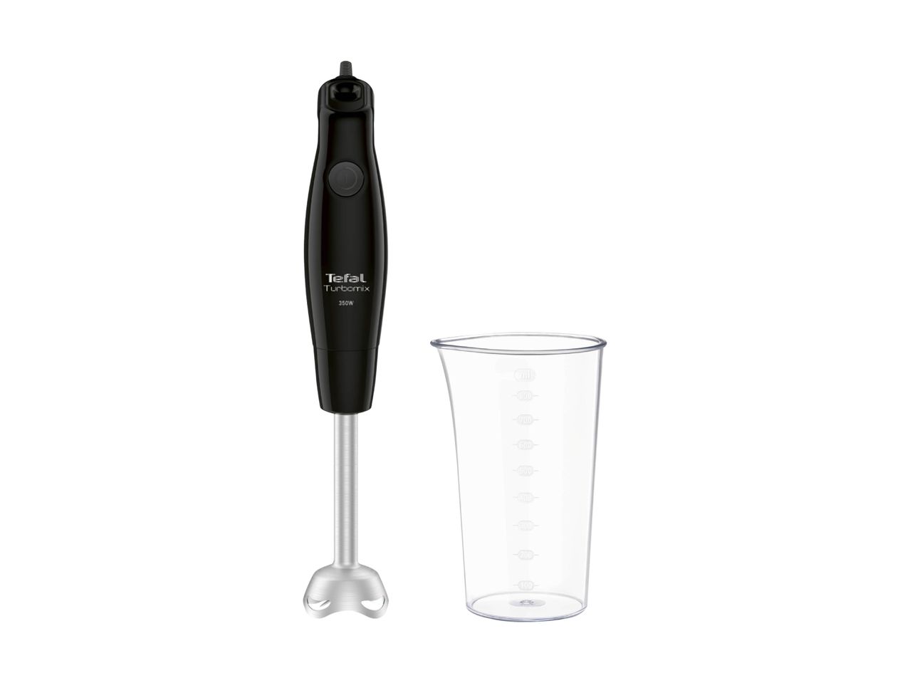 Black immersion blender with a clear measuring cup.