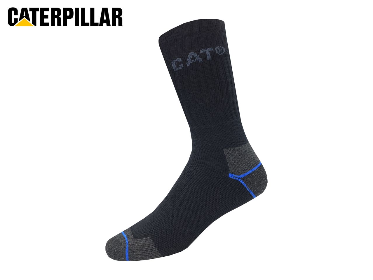 Black work sock with grey heel and toe, accented with blue stripes.