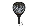 Black padel racket with light blue and orange geometric patterns and a black grip.