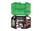Open green and black case with various rotary tool accessories, including drill bits, grinding stones, sanding bands, and polishing pads.