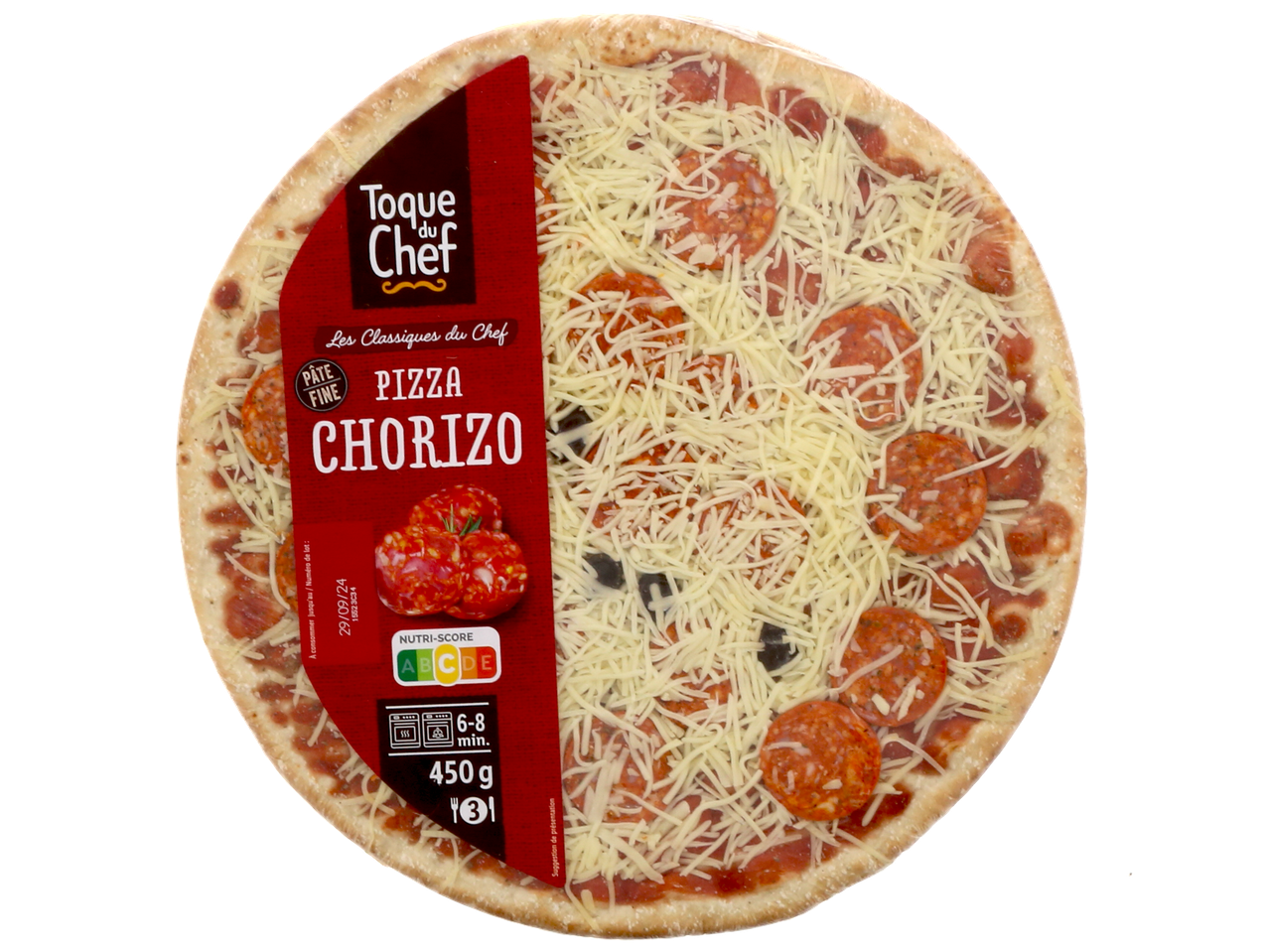 Pizza chorizo avec Nutri-Score C, à cuire 6-8 min, 450g.