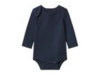Dark blue long-sleeved baby bodysuit with snap closures at the crotch.