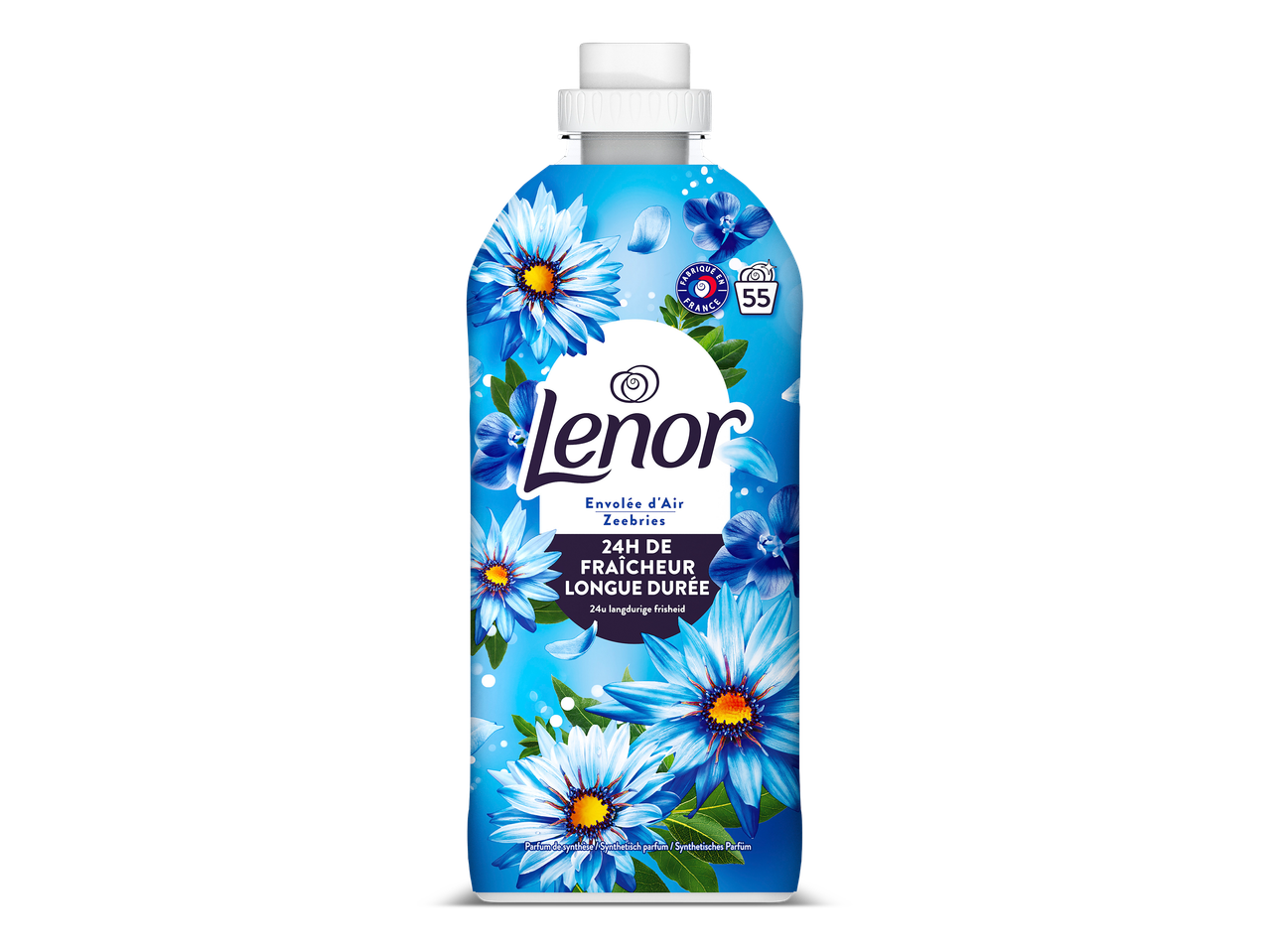 Fles wasverzachter met blauwe bloemen en de tekst '24H DE FRAÎCHEUR LONGUE DURÉE'.
