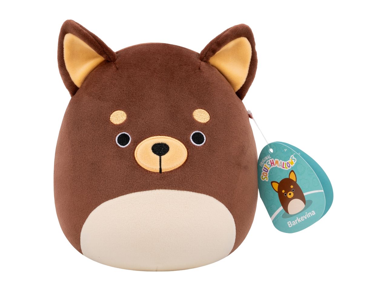 Brown dog plush toy with tan ears and belly, featuring a tag with a dog illustration.