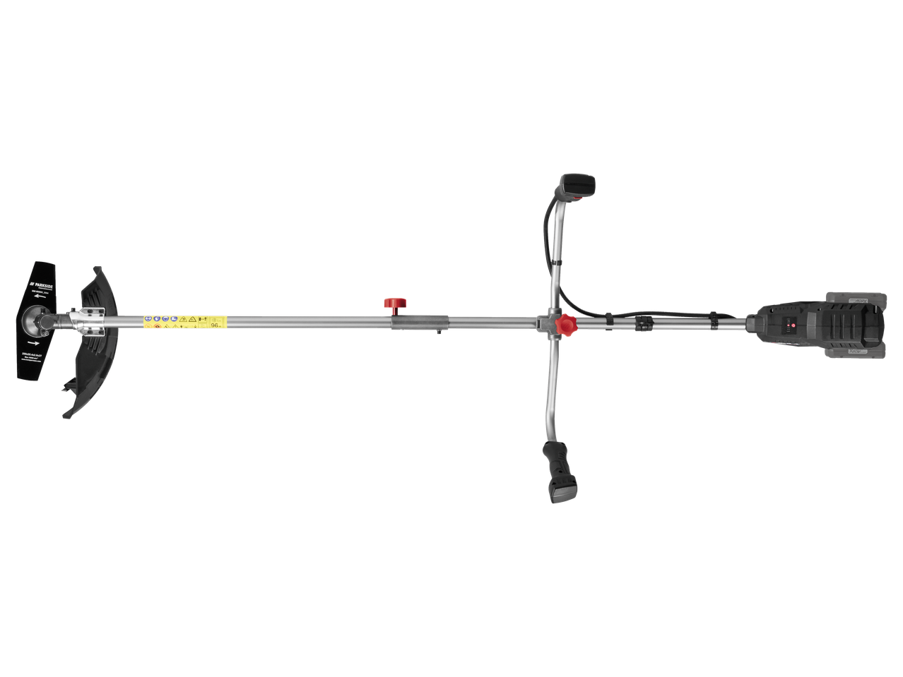 Roçadora sem fios Parkside Performance® 2 em 1, 40 V, com proteção e pega pretas.