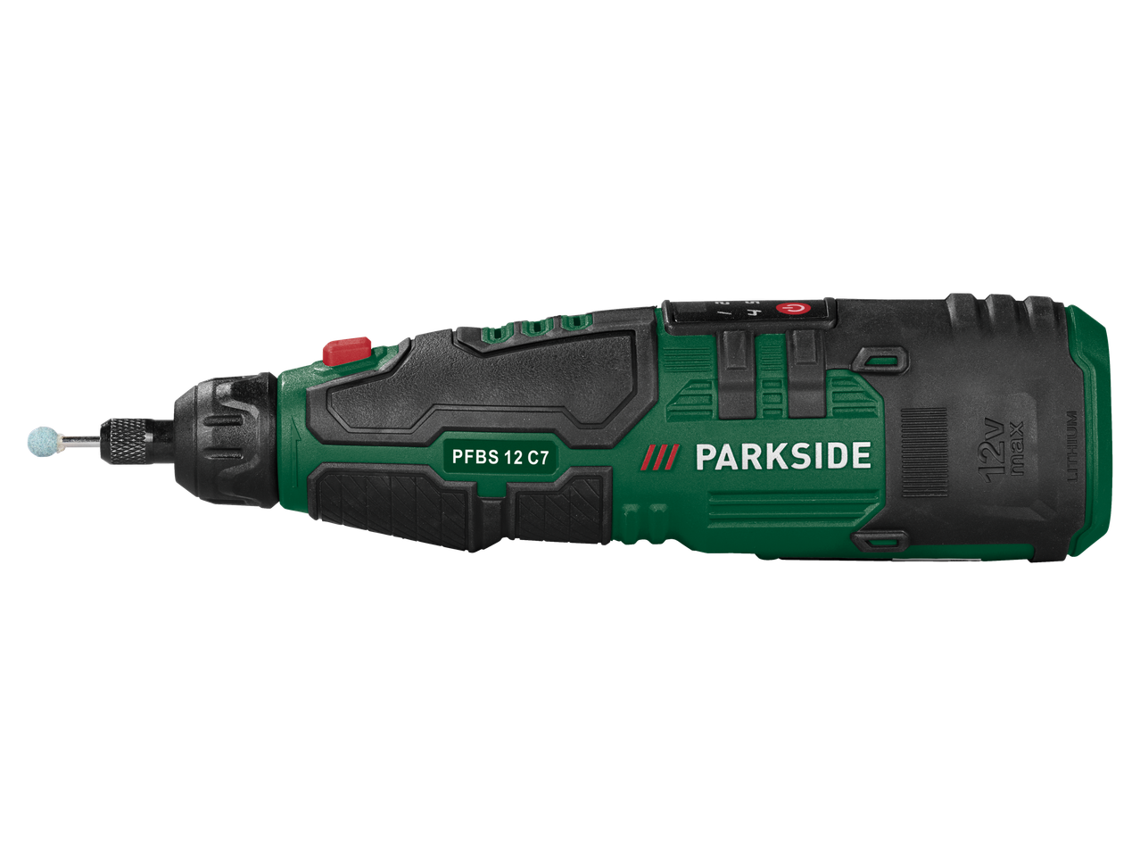PARKSIDE® 12V Cordless Precision Drill Grinder PFBS 12 C7 with a grinding bit.