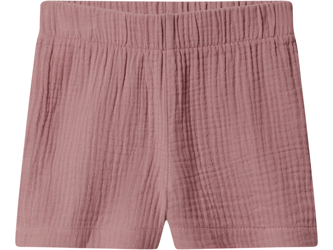 Pink muslin shorts with an elasticated waist and crinkled texture.