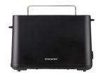 Black toaster with a metal rack on top, viewed from the back.