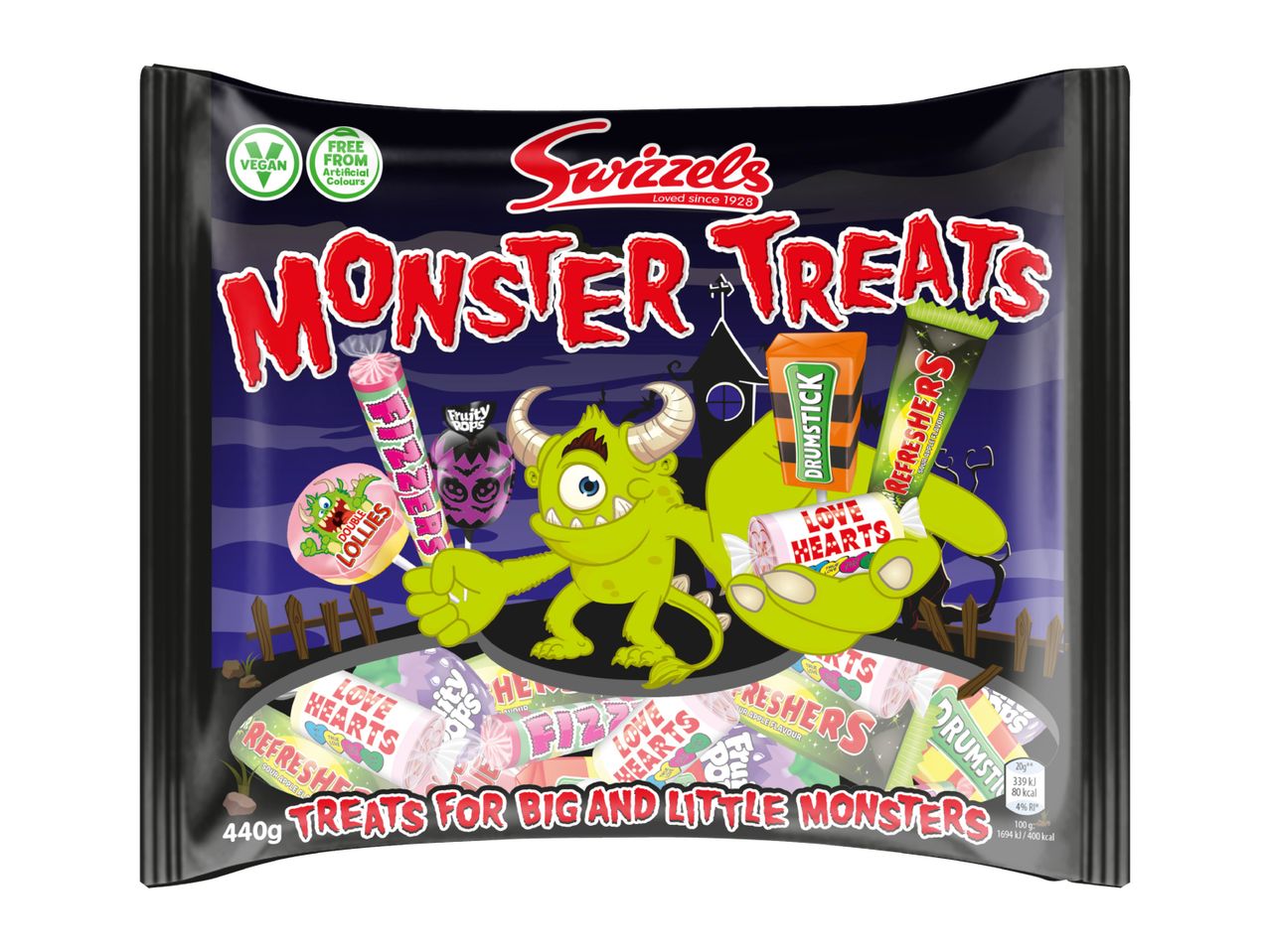 A 440g bag of Halloween-themed monster treats containing assorted sweets and lollipops.