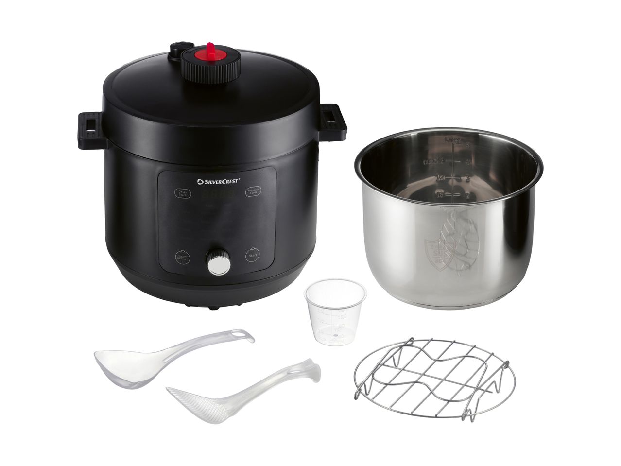 A black Bella 6-quart electric pressure cooker with stainless steel inner pot and accessories.
