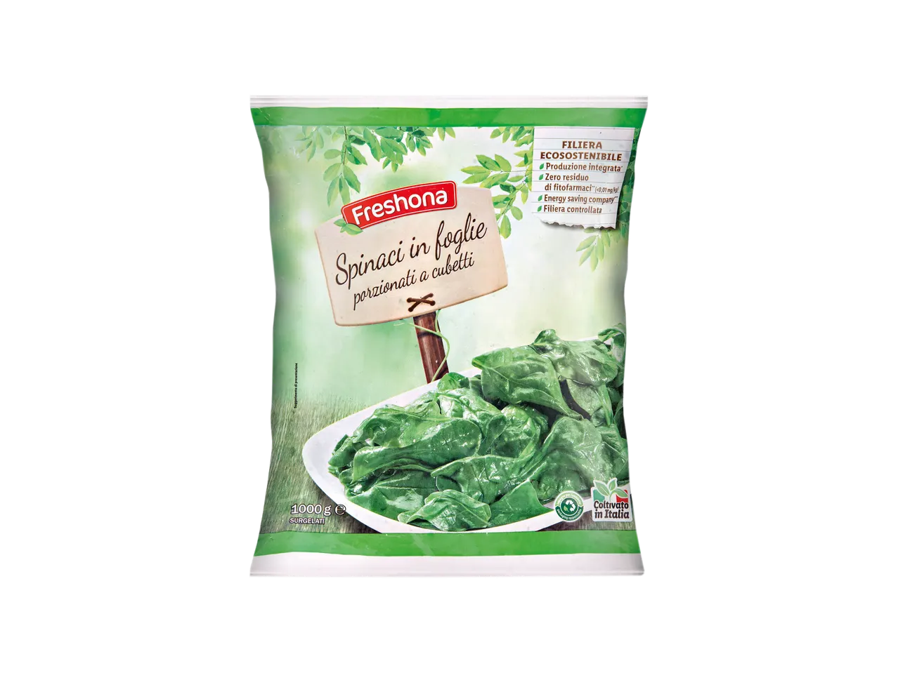 Una confezione di spinaci surgelati Freshona, porzionati a cubetti, con indicazioni di sostenibilità.
