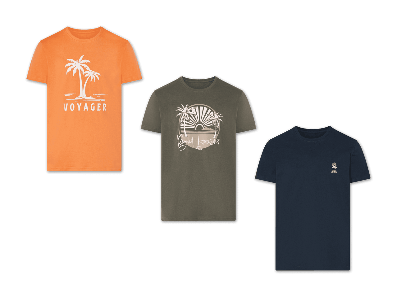 Drei Herren-T-Shirts mit tropischen Motiven: orange, olivgrün und dunkelblau.