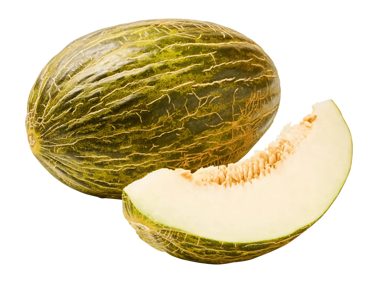 Piel de Sapo -meloni ja viipale mustalla taustalla.
