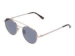 Gold-framed sunglasses with dark grey lenses and tortoiseshell temple tips.