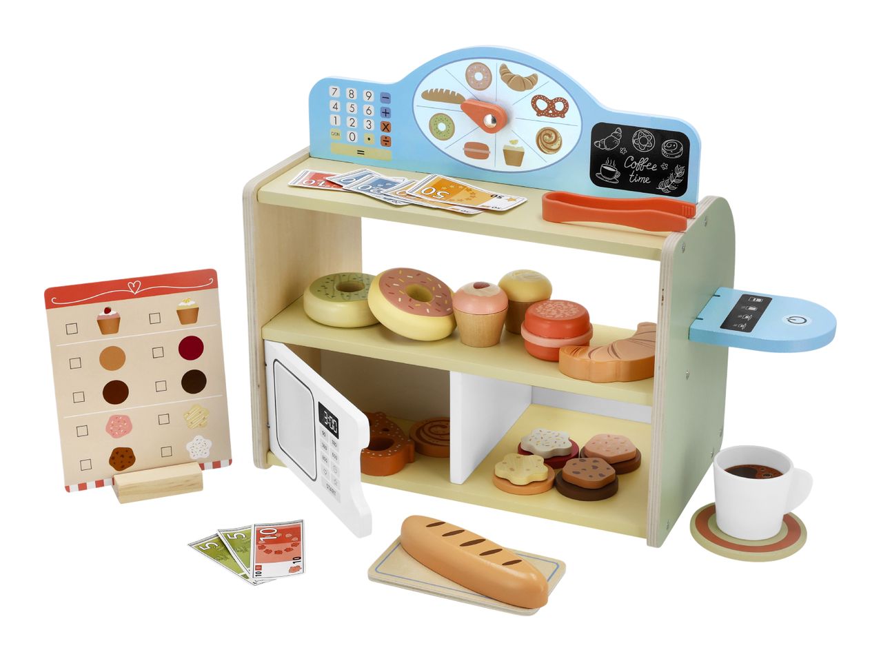 Wooden toy bakery stand with play food like donuts, croissants, macarons, cupcakes, and bread, featuring a cash register, microwave, and coffee maker.