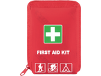 Kit de primeiros socorros vermelho com símbolos de atividades ao ar livre.