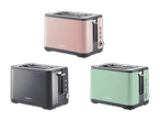 Drei SilverCrest Toaster in Rosa, Grau und Mintgrün.